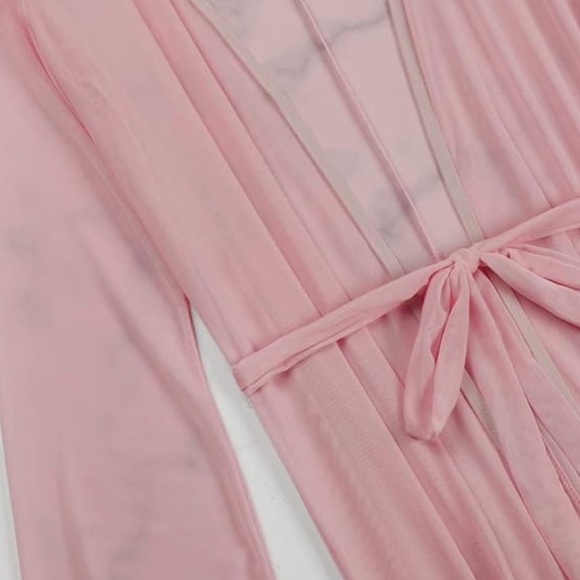 Pink sheer long duster Hollywood robe lingerie yacht lounge cover up bikini sexy - Picture 5 of 5